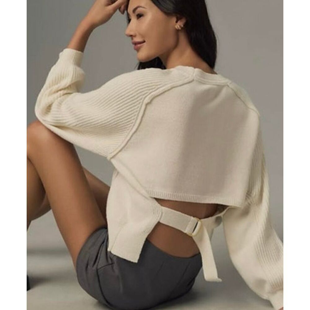 NEW Pilcro Buckle Open Back Sweater Size XXS Ivory Knit Long Sleeve Boxy Cropped